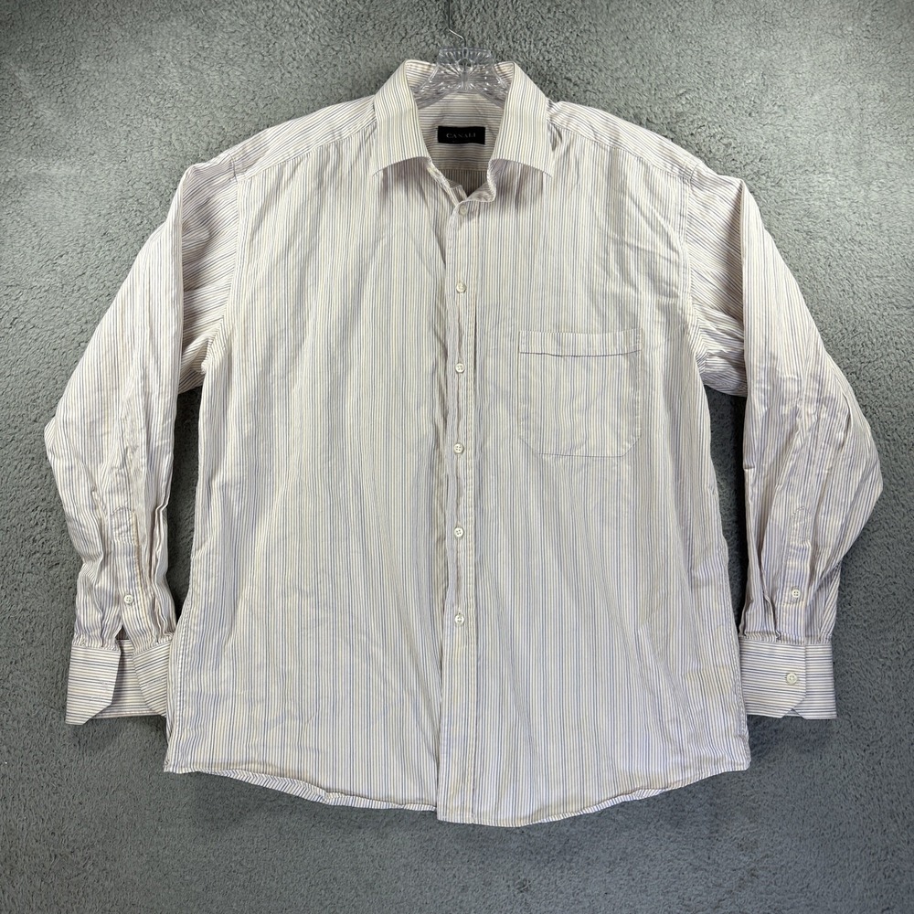 Canali Shirt Mens 44/17.5 Purple Tan Stripe Long Sleeve Button Up Dress Italy